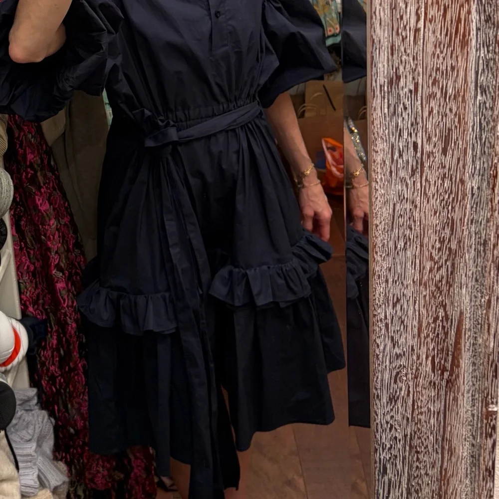 Blue Puff-Sleeve Ruffle Shirt Dress - Beulahstyle - Picture 2 of 7